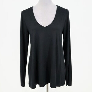 Three Dots Top Womens Medium Black Stretch Knit Viscose Blend Blouse V-neck
